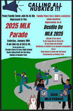 Familias de Peary Por favor, vengan y únanse a nosotros para representarnos en el Desfile del Día de Martin Luther King. Peary Families Please come join us represent in the Martin Luther King Day Parade.